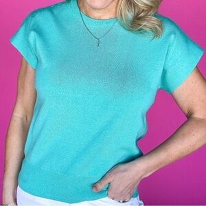 Staccato - Short sleeve aqua sweater top. Transition from winter to spring!